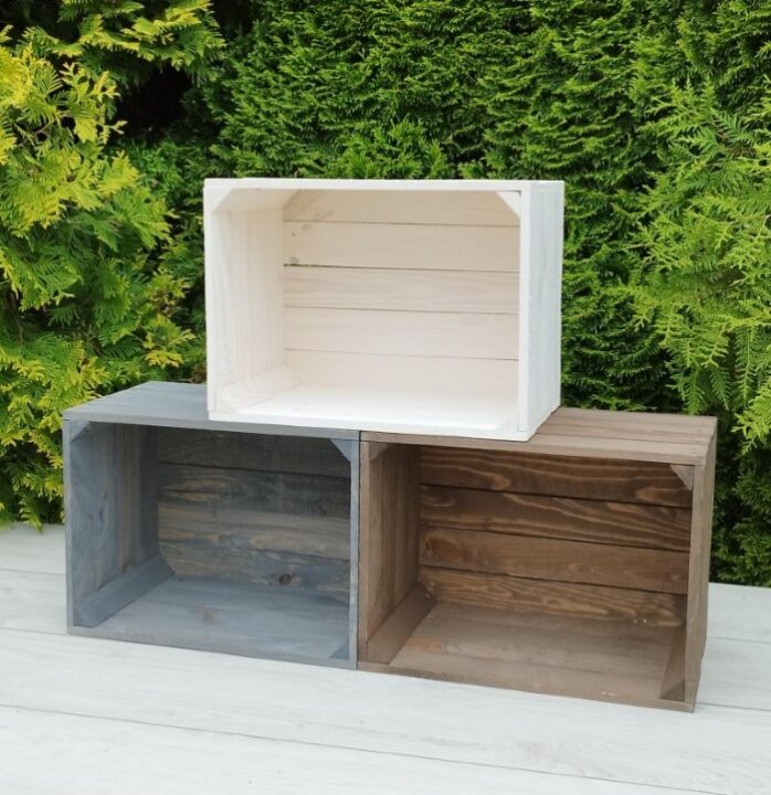 White, grey, brown wooden crates
