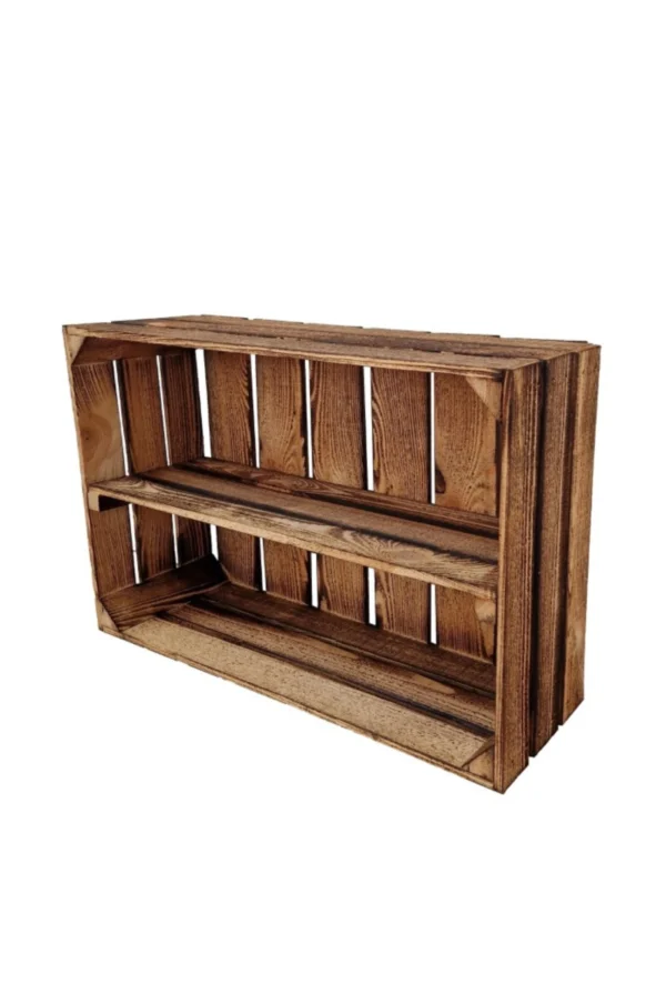 Large burnt wooden crate with long shelf 60x40x20 cm