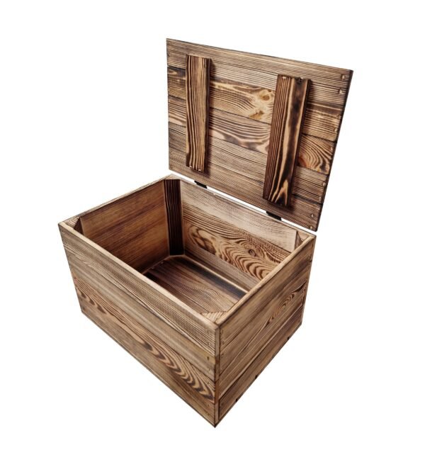 Wooden storage crate with lid burnt effect