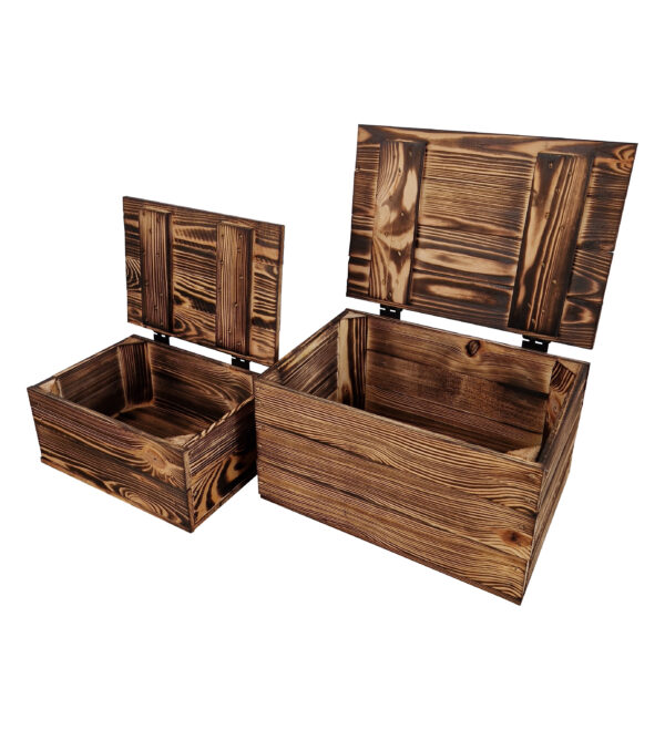 Set of 2 wooden crates with lid - Burnt effect & natural