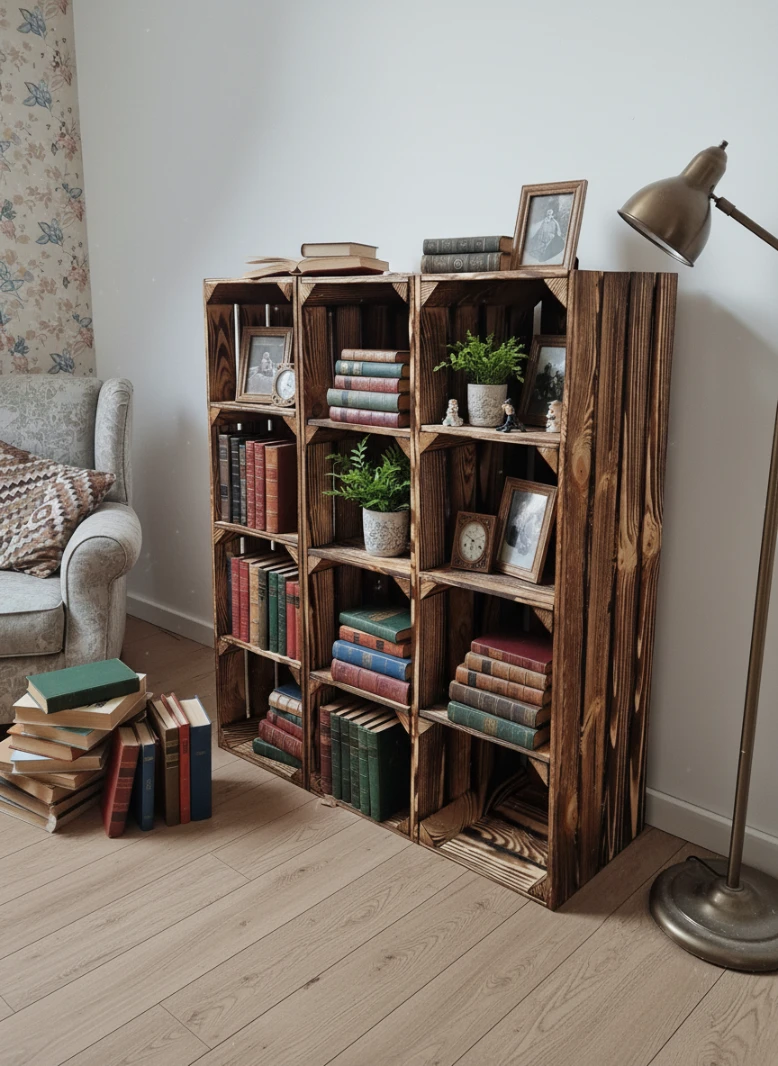 Wooden crate bookcases burnt effect