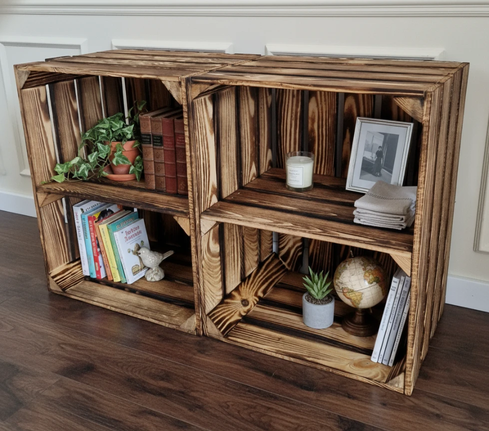 Wooden crate shelf 50x40x30 burnt effect