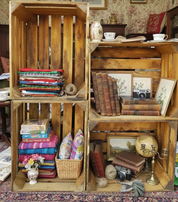 Stackable Wooden Crates Set of 6 - Vintage Rustic - 50x40x30 cm