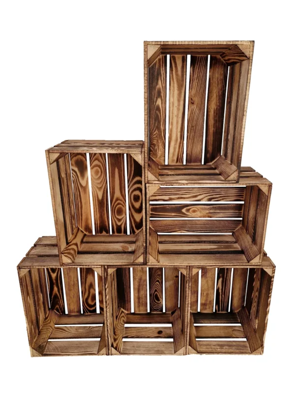 Burnt wooden crates for storage and home organization