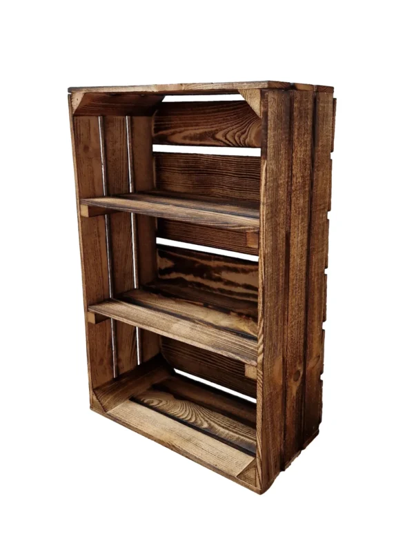 Burnt wooden storage crate with two shelves