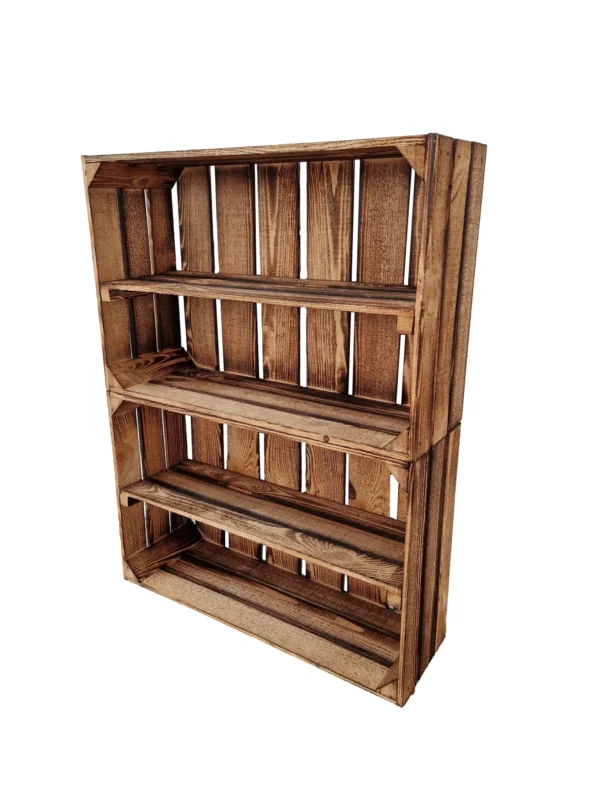 Burnt wooden storage crate with long shelf