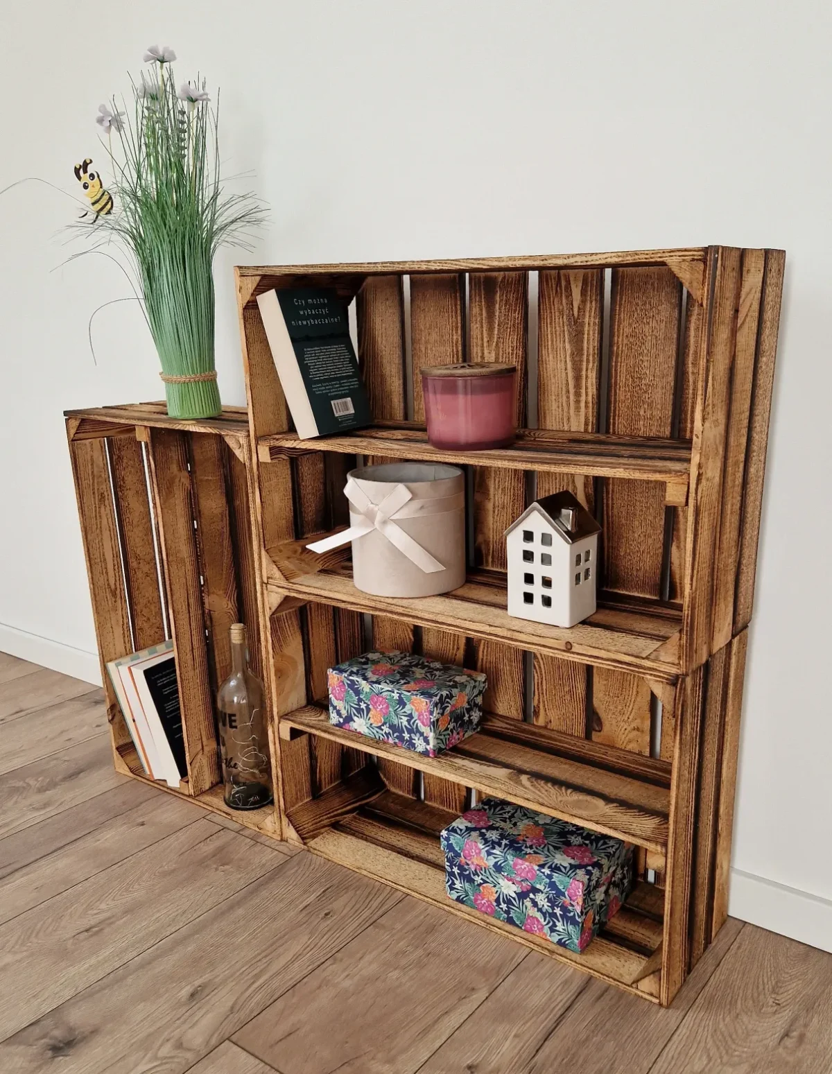 Large burnt wooden crate with long shelf 60x40x20 cm