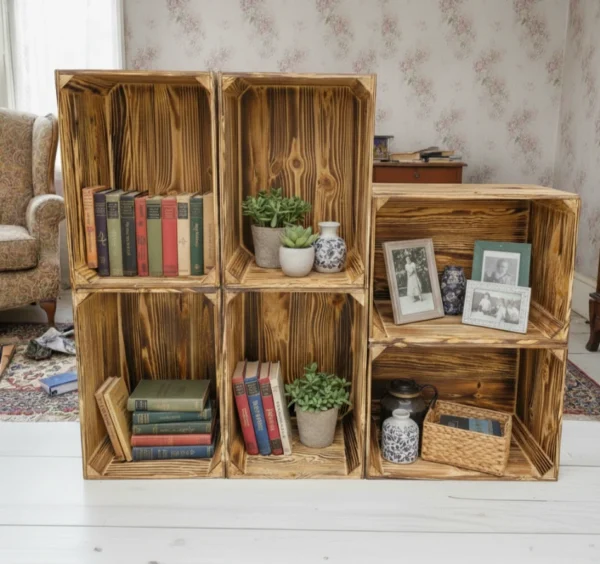Set of 6 Stackable Wooden Storage Crates -  Burnt Effect