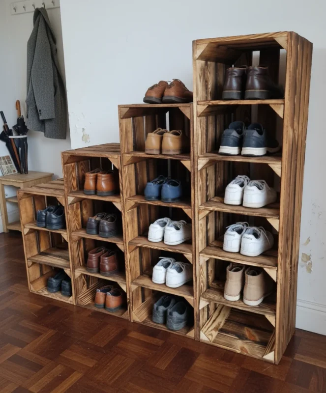 Wooden crate shoe shelves used as welly and boot storage in a porch