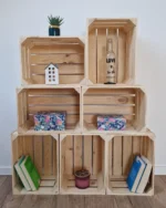 Natural wooden crates used as wall shelves